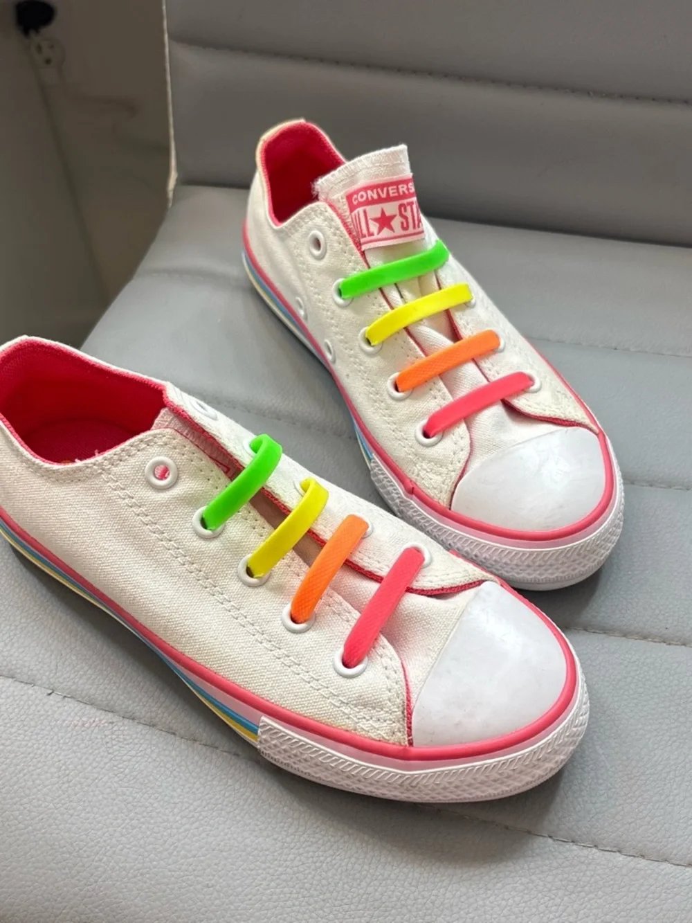 Kids Canvas Sneakers in White with Rainbow Accent